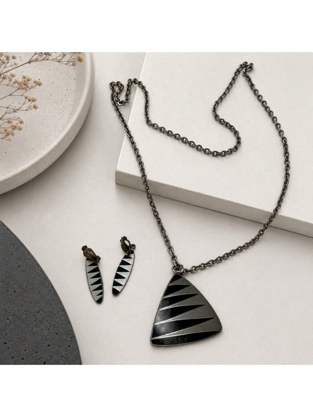Jorgen Jensen Handmade Denmark Pewter Triangle Pendant Necklace Earrings Set 790